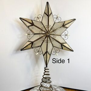 Vintage Capiz Shell Bronze Star Tree Topper With Metal Filigree Hearts & Pearls